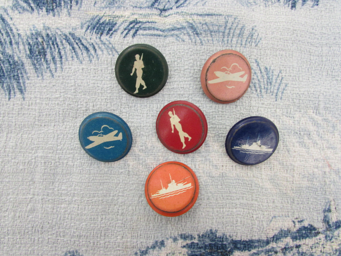 Home-made pin brooch using vintage tin game pieces/counters