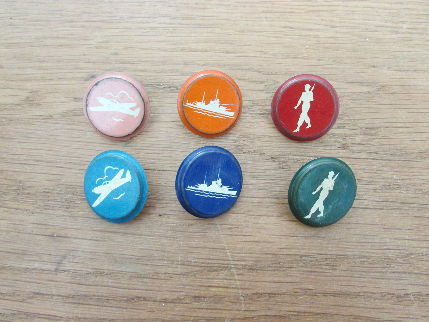 Home-made pin brooch using vintage tin game pieces/counters