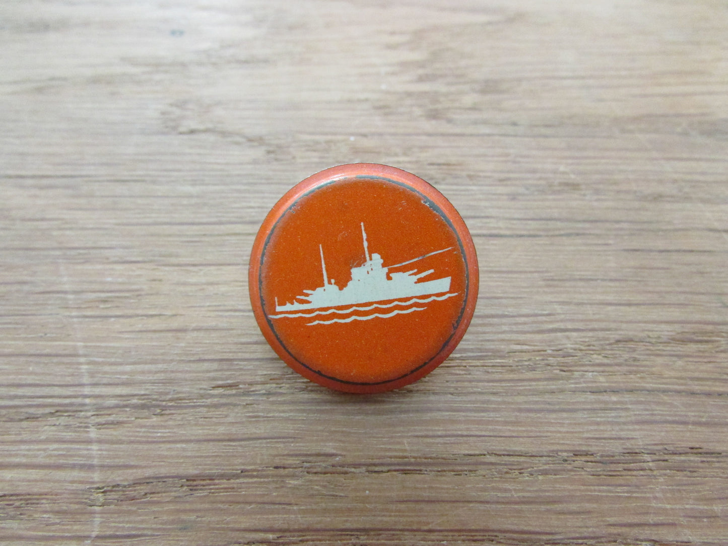 Home-made pin brooch using vintage tin game pieces/counters