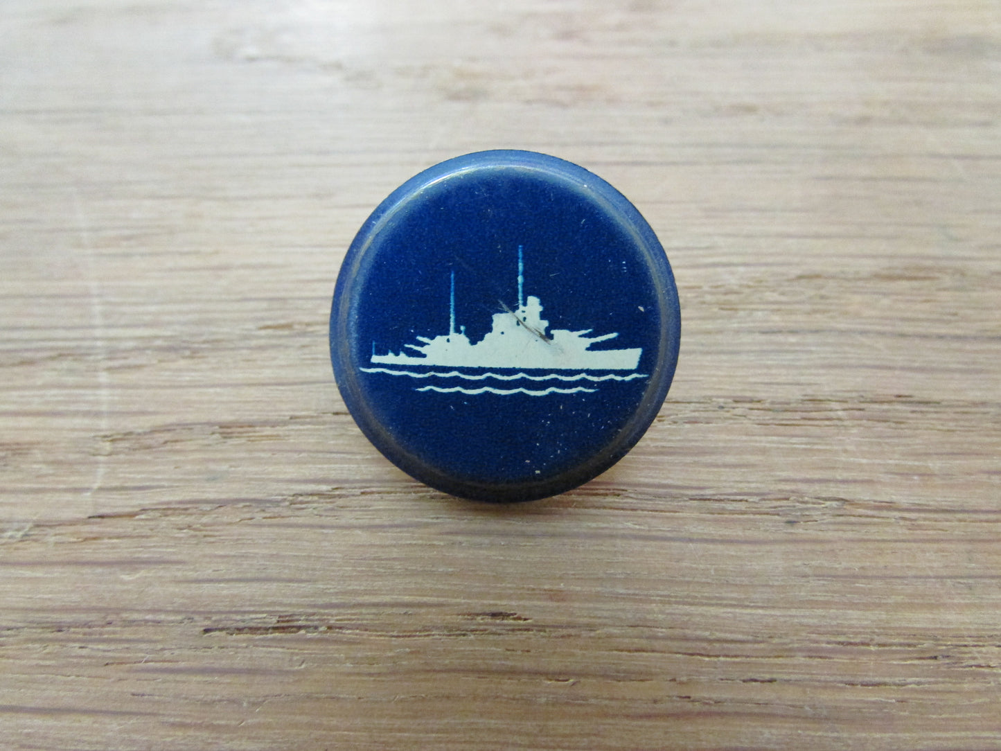 Home-made pin brooch using vintage tin game pieces/counters