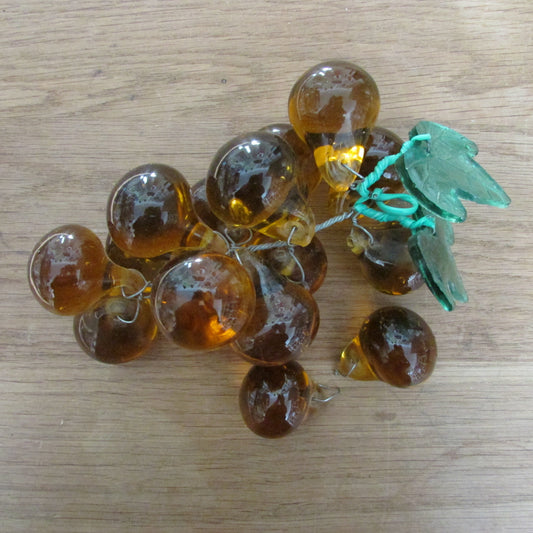 Mid-century Murano-style amber glass large grape cluster with green glass leaves