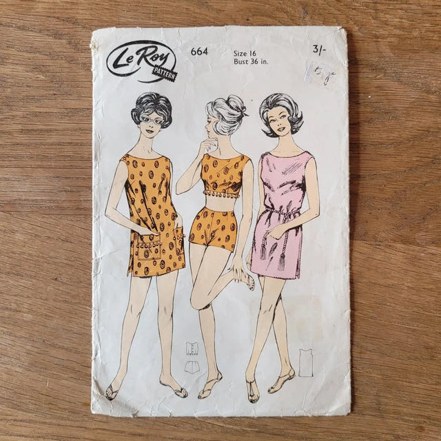 Part cut 1960s Le Roy 664 sewing pattern for shorts, sun top & beach robe, size 16 (complete)