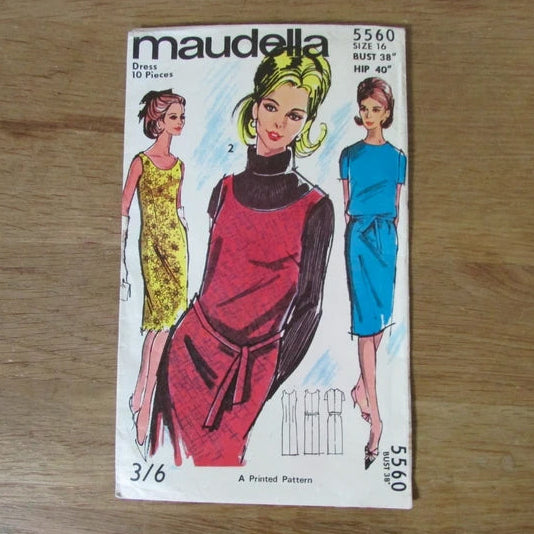 Part cut 1960s Maudella 5560 sewing pattern for sleeveless or short sleeve dress, size 18 (complete)