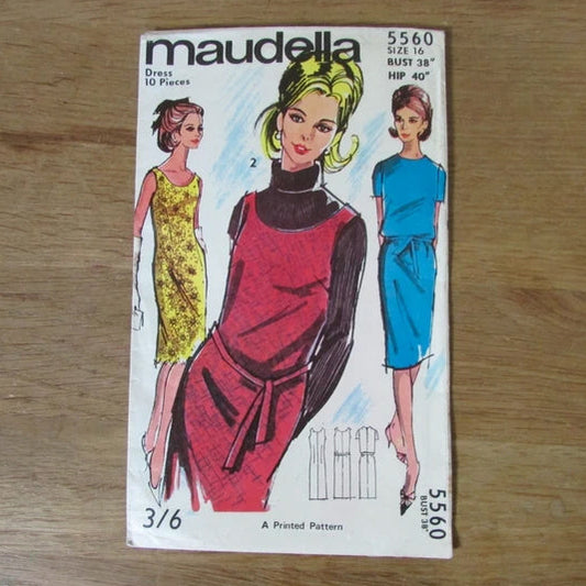 Part cut 1960s Maudella 5560 sewing pattern for sleeveless or short sleeve dress, size 18 (complete)