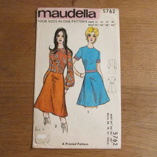 Uncut 1970s Maudella 5762 sewing pattern for dress, sizes 12-18 (complete)