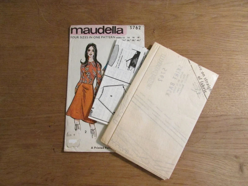 Uncut 1970s Maudella 5762 sewing pattern for dress, sizes 12-18 (complete)