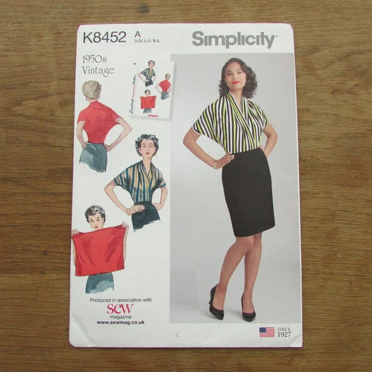 Uncut 2017 Simplicity K8452 sewing pattern for 1950s misses' knit blouse, sizes 6-18 (complete)