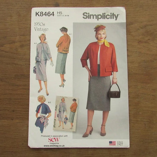 Uncut 2018 Simplicity K8464 sewing pattern for 1950s skirt & jacket, sizes U.S 6-14 (complete)