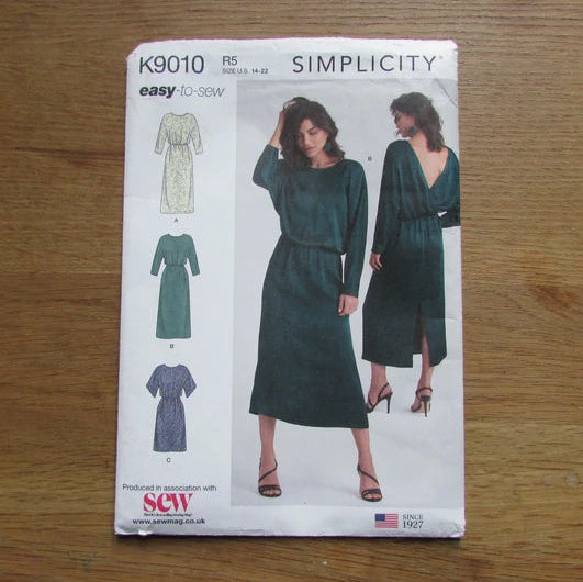 Uncut 2020 Simplicity K9010 sewing pattern for 1980s-style misses' dresses, sizes 14-22 (complete)