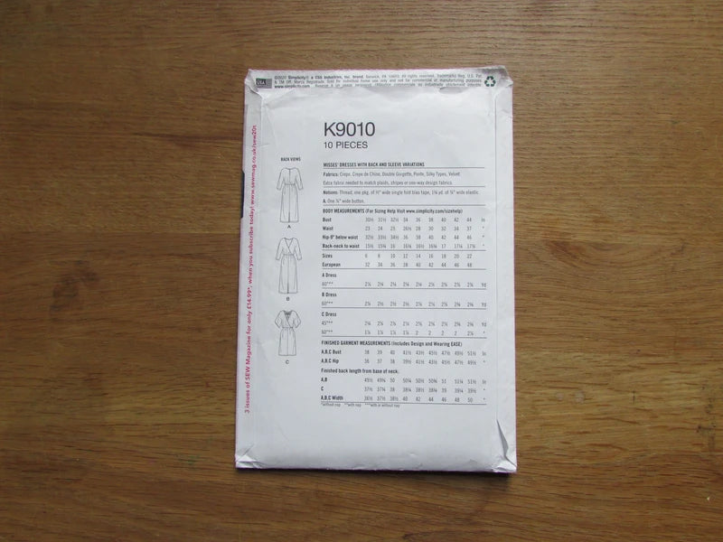 Uncut 2020 Simplicity K9010 sewing pattern for 1980s-style misses' dresses, sizes 14-22 (complete)