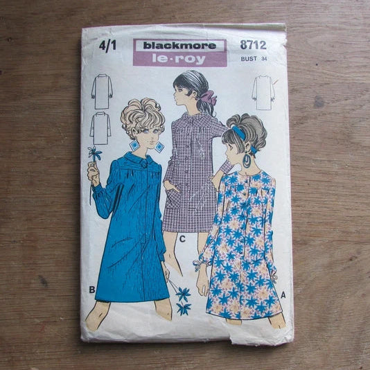 Uncut 1960s blackmore le-roy 8712 sewing pattern for misses' dresses, size 10 (complete)