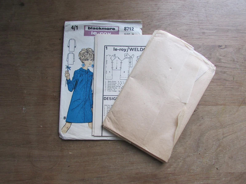 Uncut 1960s blackmore le-roy 8712 sewing pattern for misses' dresses, size 10 (complete)