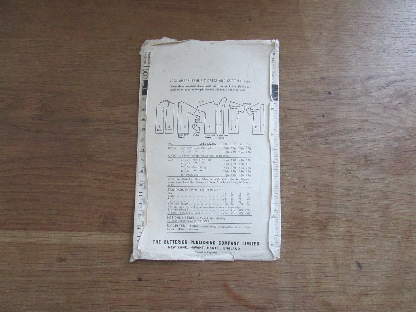 Uncut 1960s Butterick 2904 sewing pattern for misses' semi-fit dress & coat, size 16 (complete)