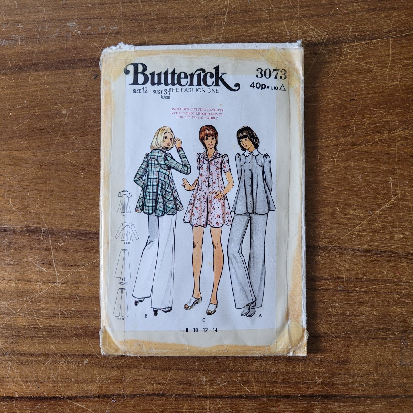 Uncut 1973 Butterick 3073 sewing pattern for misses' dress, tunic & pants, size 12 (complete)