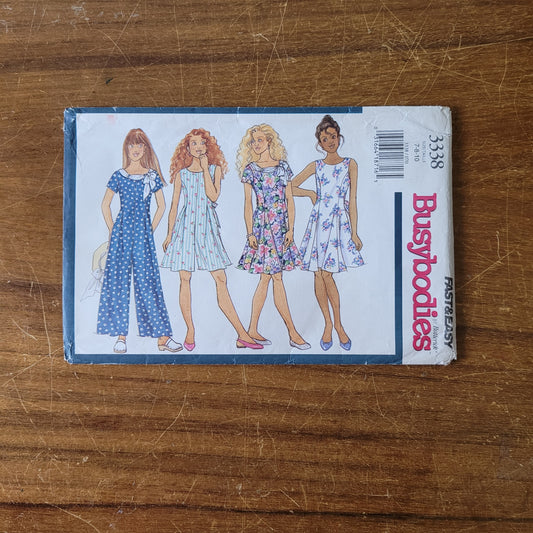 Uncut 1994 Butterick Busy Bodies 3338 sewing pattern for girls' dress & jumpsuit, sizes 7-8-10 (complete)