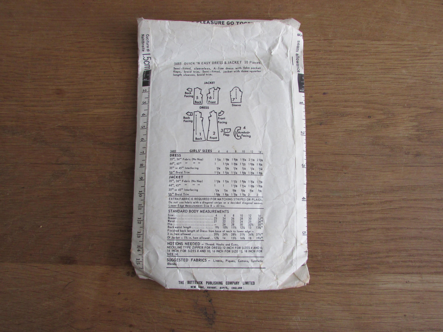 Part cut 1960s Butterick 3483 sewing pattern for girl's dress & jacket, size 10 (see description below)