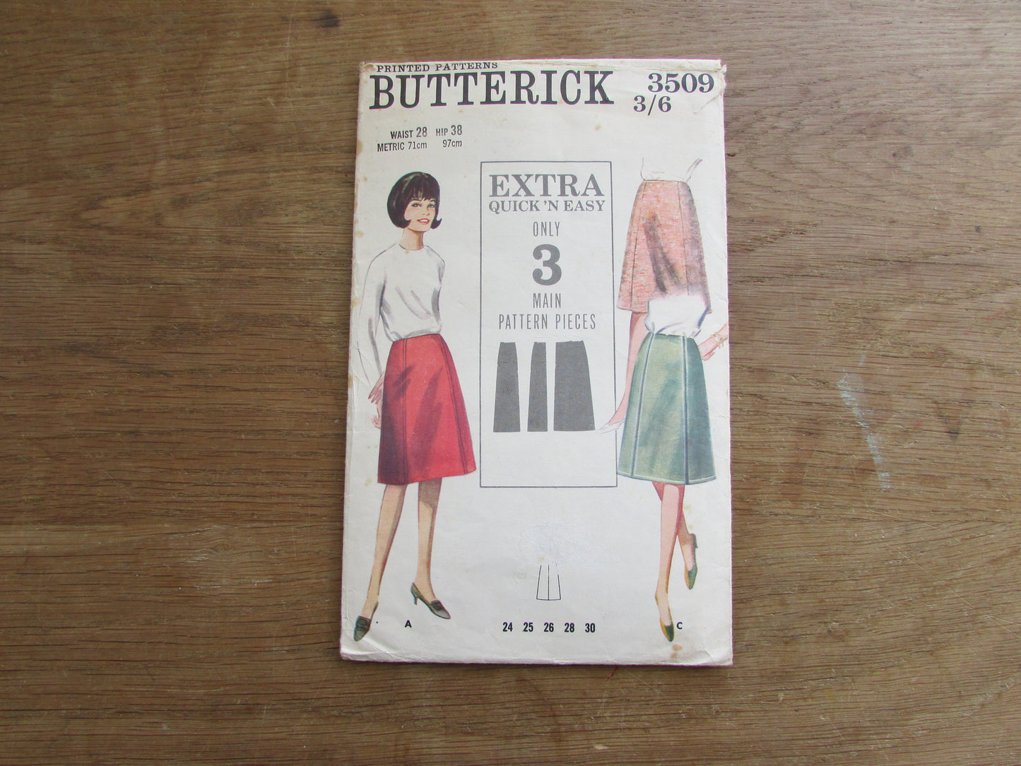 Used 1965 Butterick 3509 sewing pattern for misses' skirt in three versions, size 10 (complete)