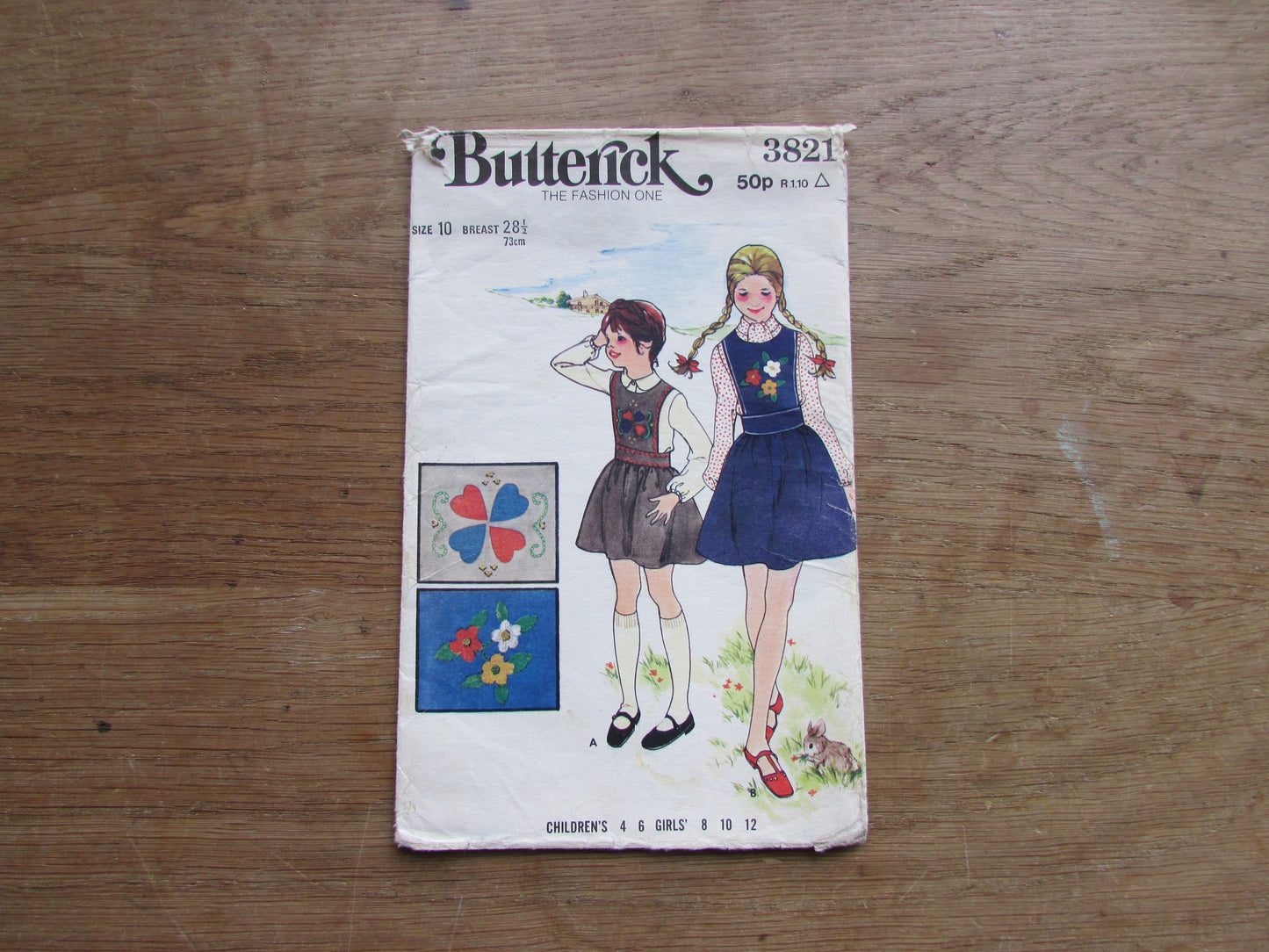 Uncut 1970s Butterick 3821 sewing pattern for children's & girls' jumper with applique and embroidery transfers, size 10 (complete)