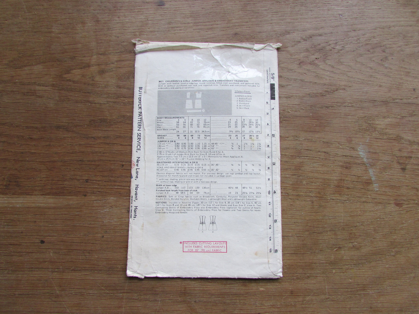 Uncut 1970s Butterick 3821 sewing pattern for children's & girls' jumper with applique and embroidery transfers, size 10 (complete)