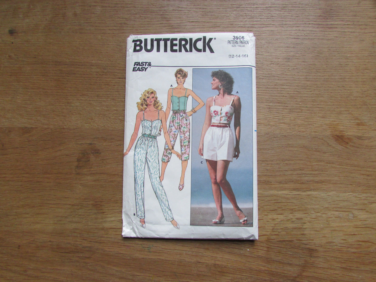 Part cut 1986 Butterick 3906 sewing pattern for misses' top, pants & shorts, sizes 12-14-16 (complete, see description below)