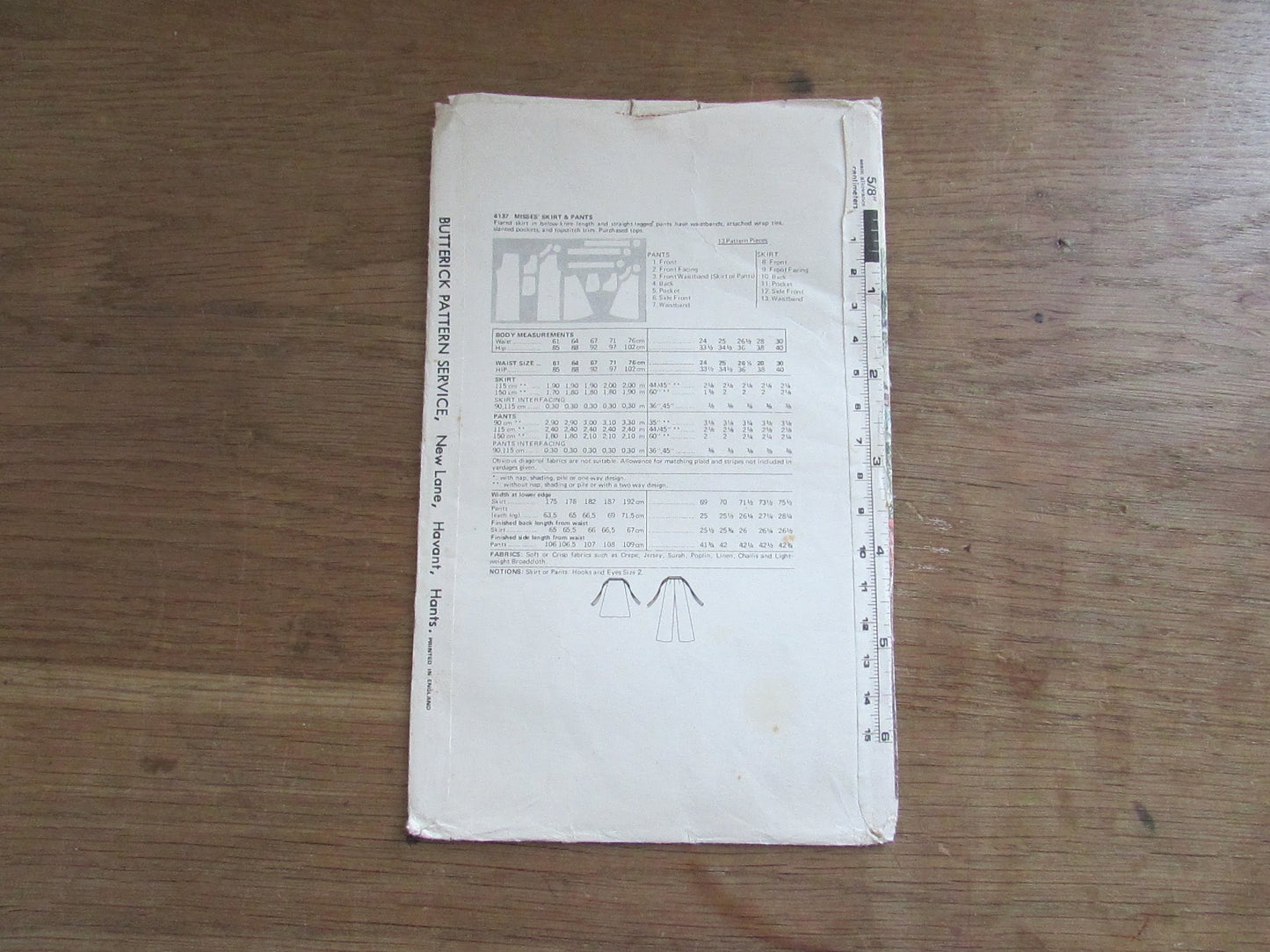Part cut 1976 Butterick 4137 sewing pattern for misses' skirt & pants, size 14 (complete)