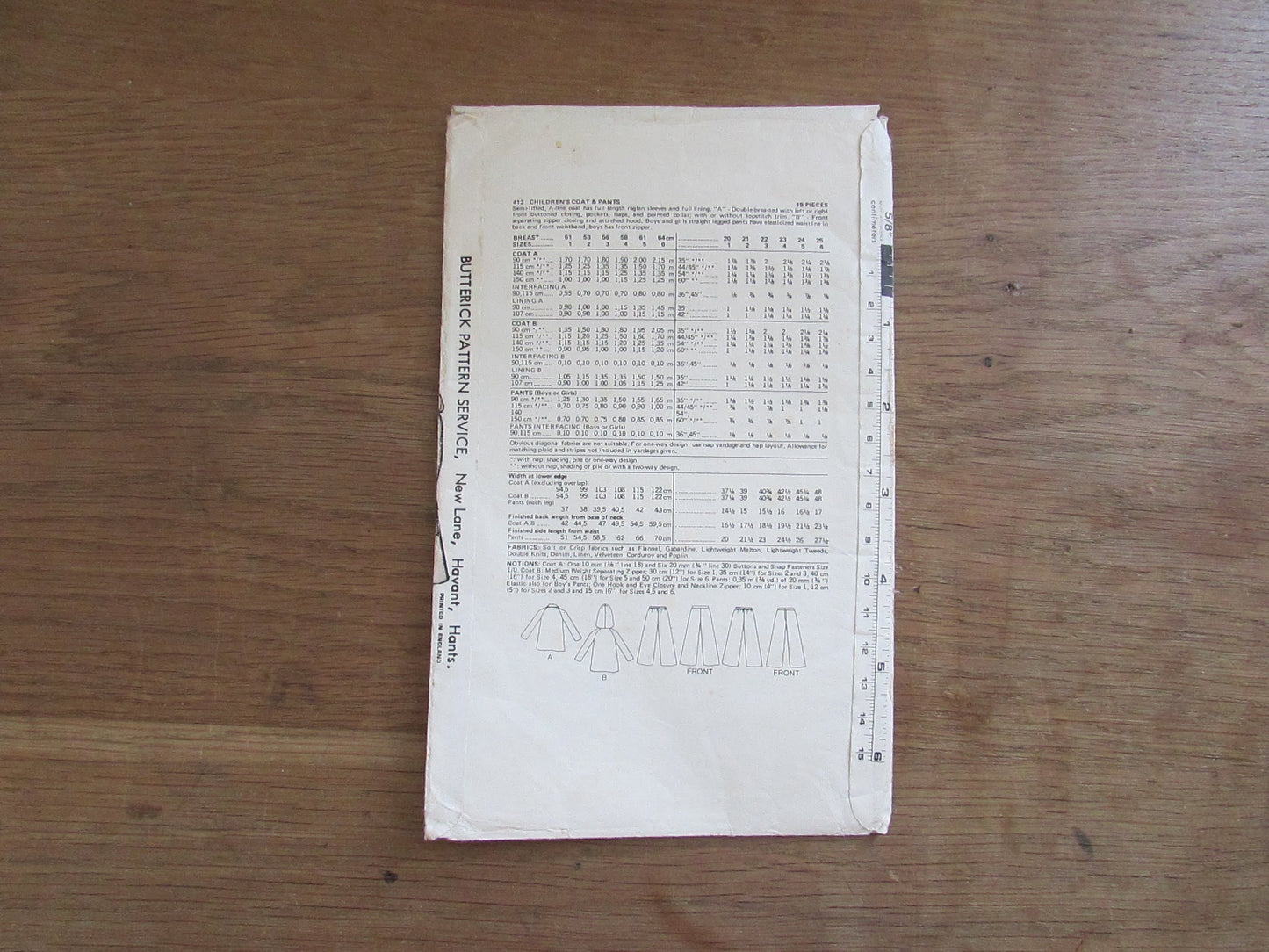 Part cut 1970s Butterick 413 sewing pattern for children's coat & pants, size 2 (complete)