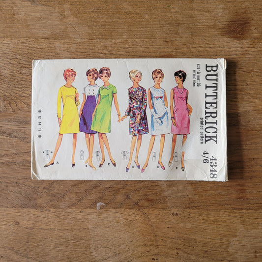 Part cut 1967 Butterick 4348 sewing pattern for one-piece A-line dress, size 16 (complete)