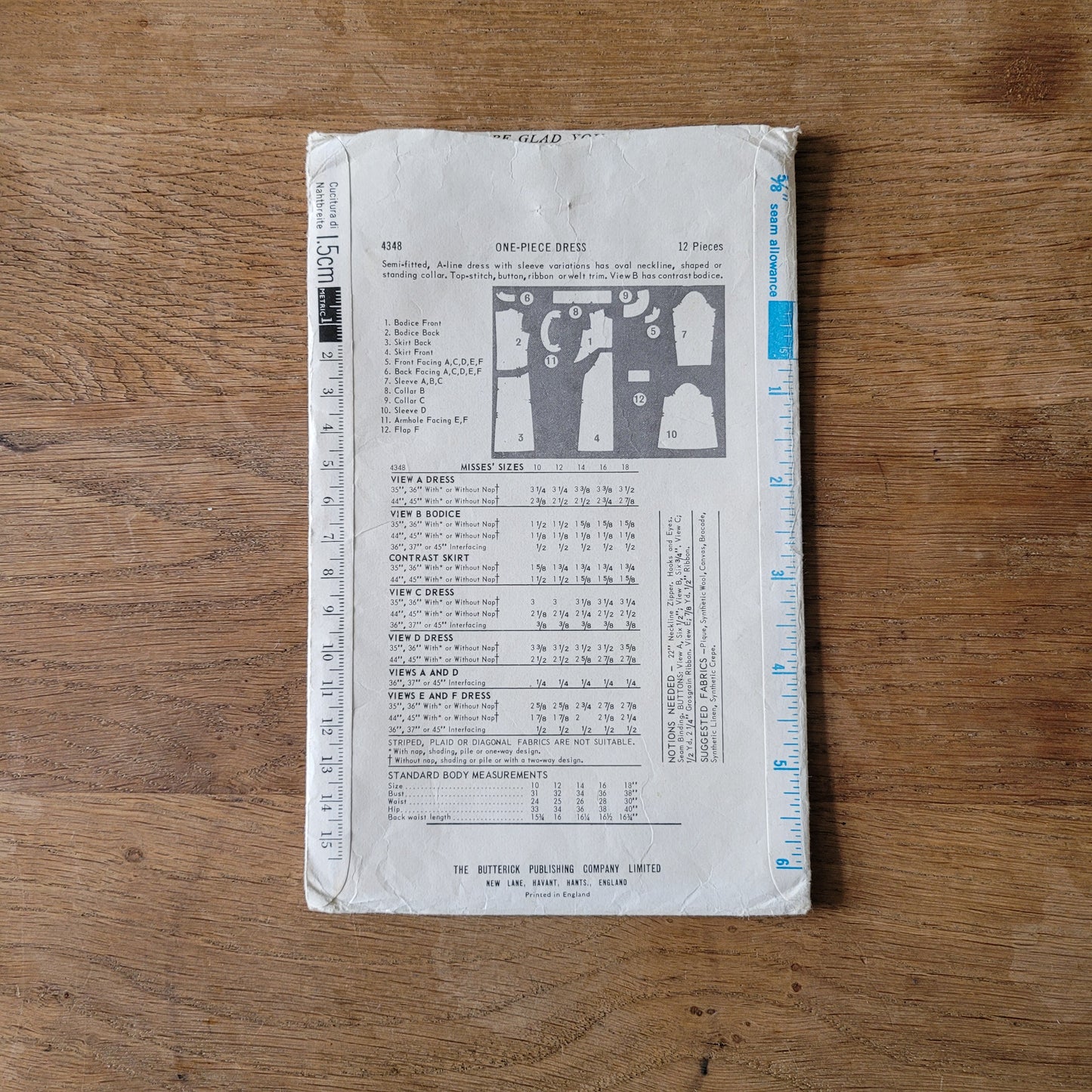 Part cut 1967 Butterick 4348 sewing pattern for one-piece A-line dress, size 16 (complete)