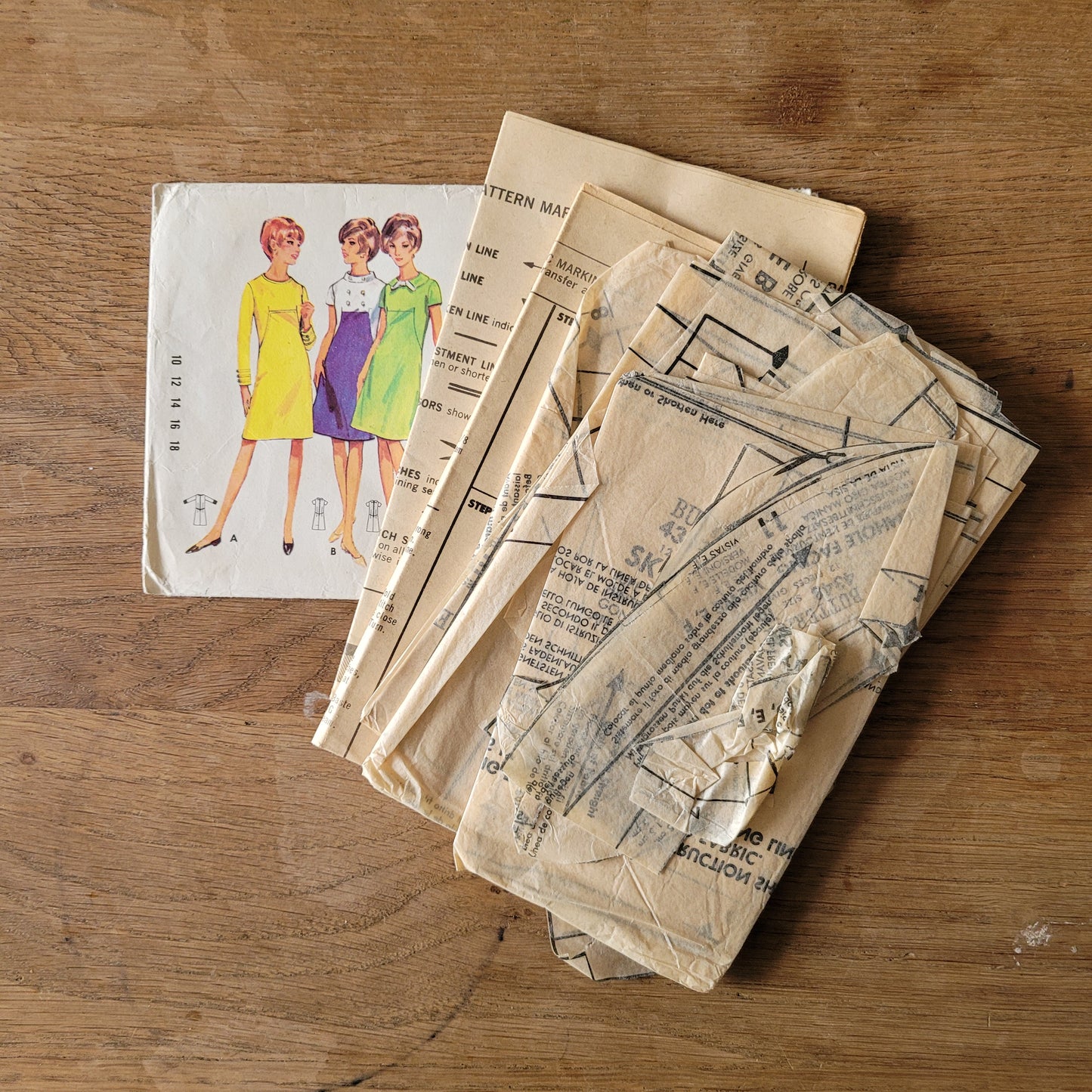 Part cut 1967 Butterick 4348 sewing pattern for one-piece A-line dress, size 16 (complete)