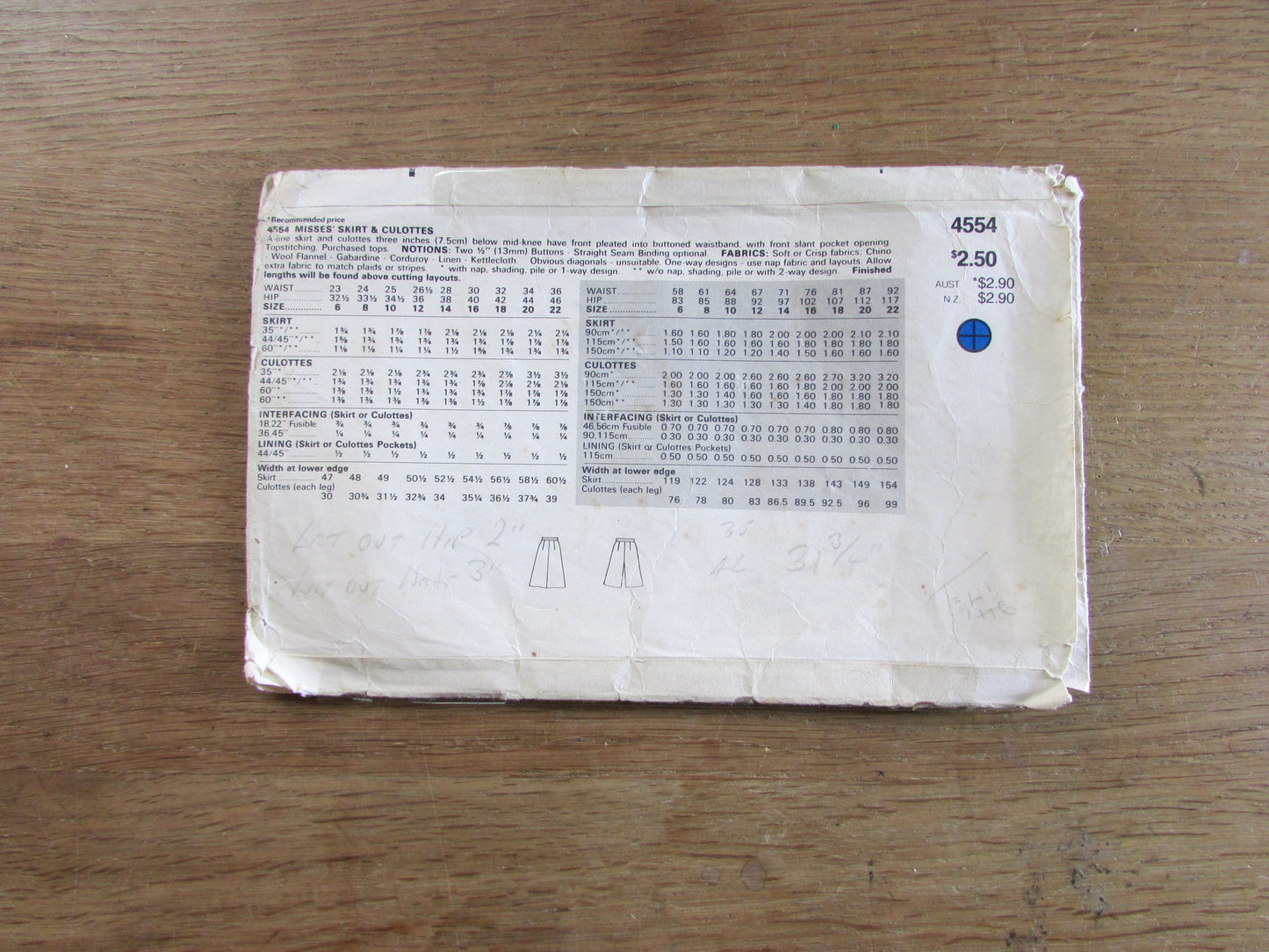 Part cut 1980s Butterick 4554 sewing pattern for misses' skirt & culottes, sizes 12 to 16 (part cut to size 16, complete)