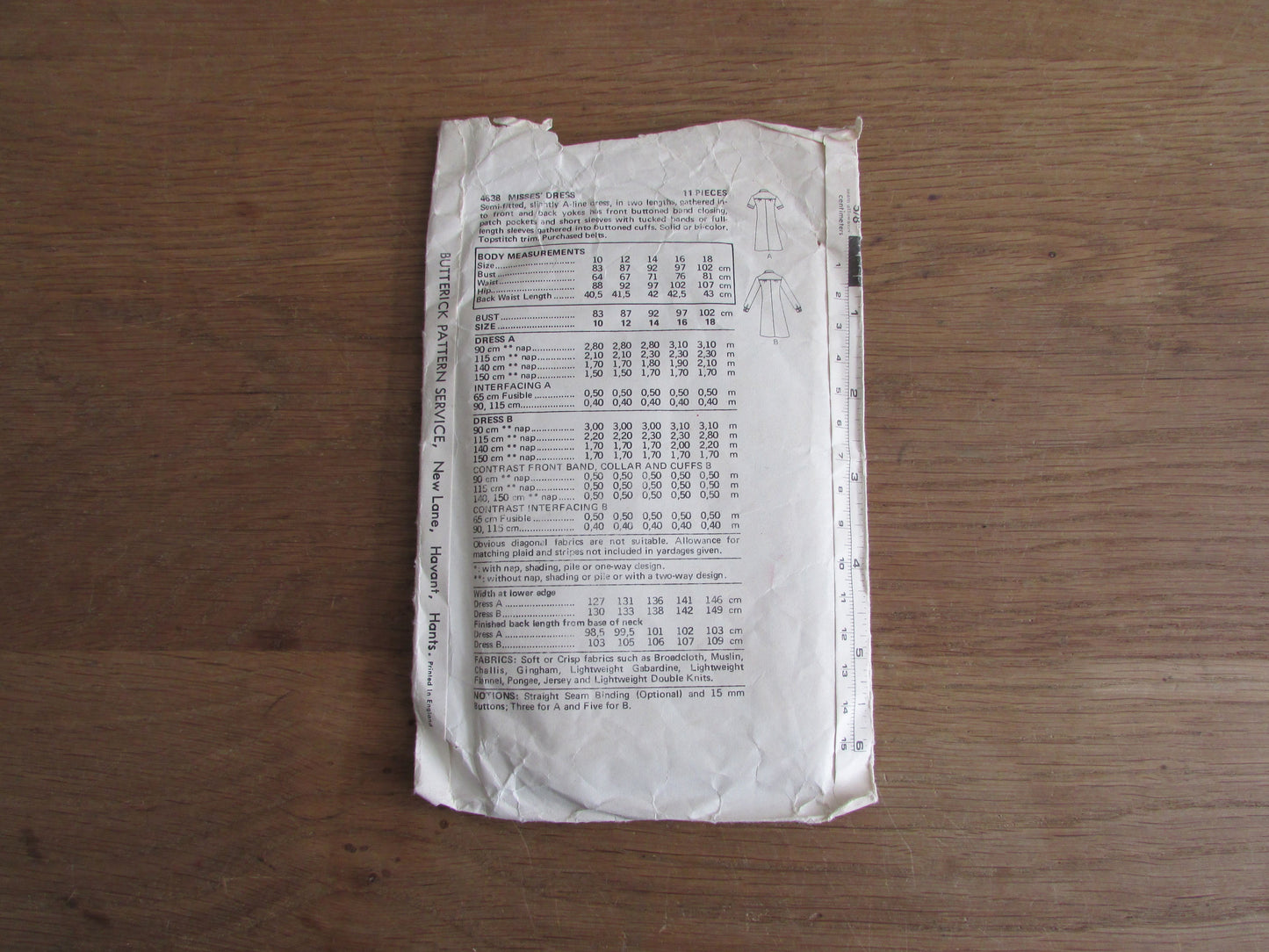 Part cut 1977 Butterick 4638 sewing pattern for misses' dress, size 10 (complete)