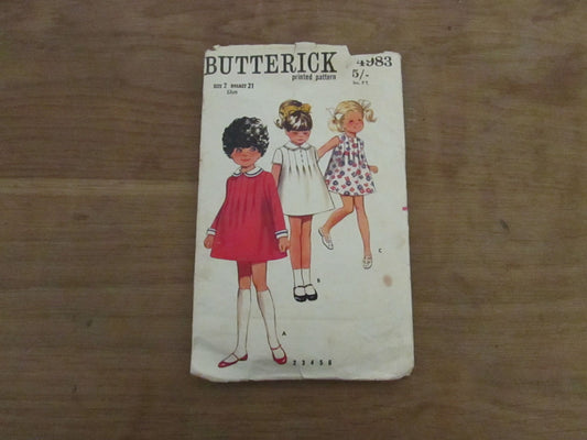 Used 1969 Butterick 4983 sewing pattern for children's one-piece dress, size 2 (complete, missing instructions)
