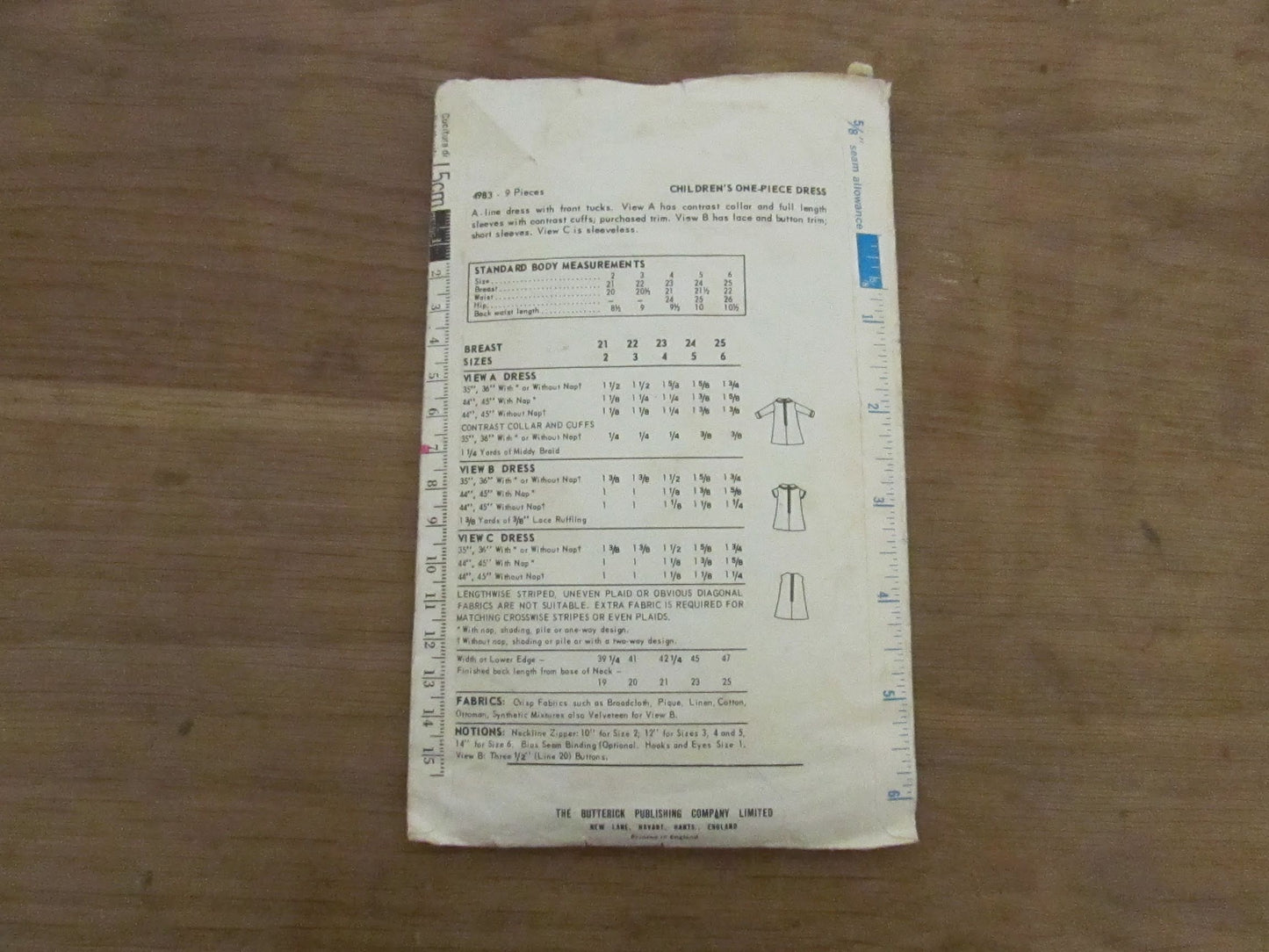 Used 1969 Butterick 4983 sewing pattern for children's one-piece dress, size 2 (complete, missing instructions)