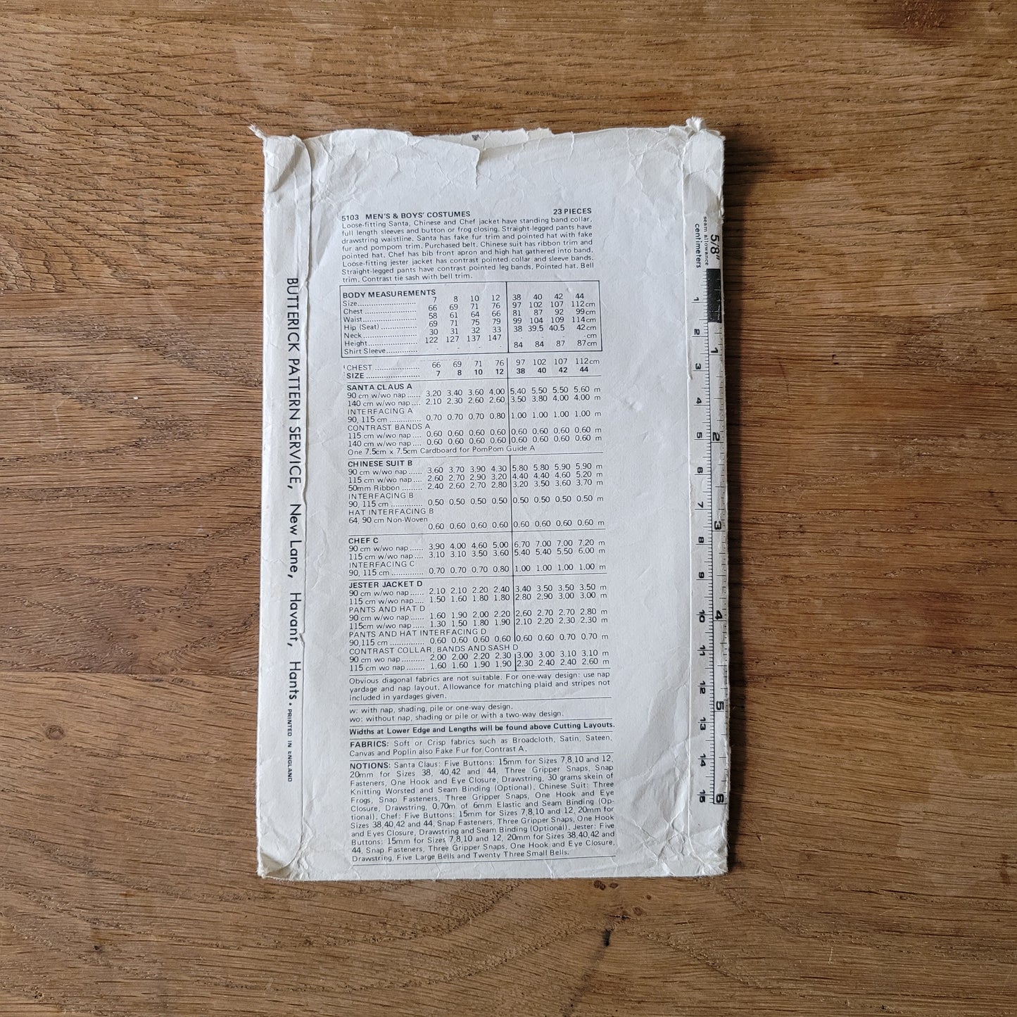 Part cut 1971 Butterick 5103 sewing pattern for men's & boys fancy dress costumes, size 12 (complete)