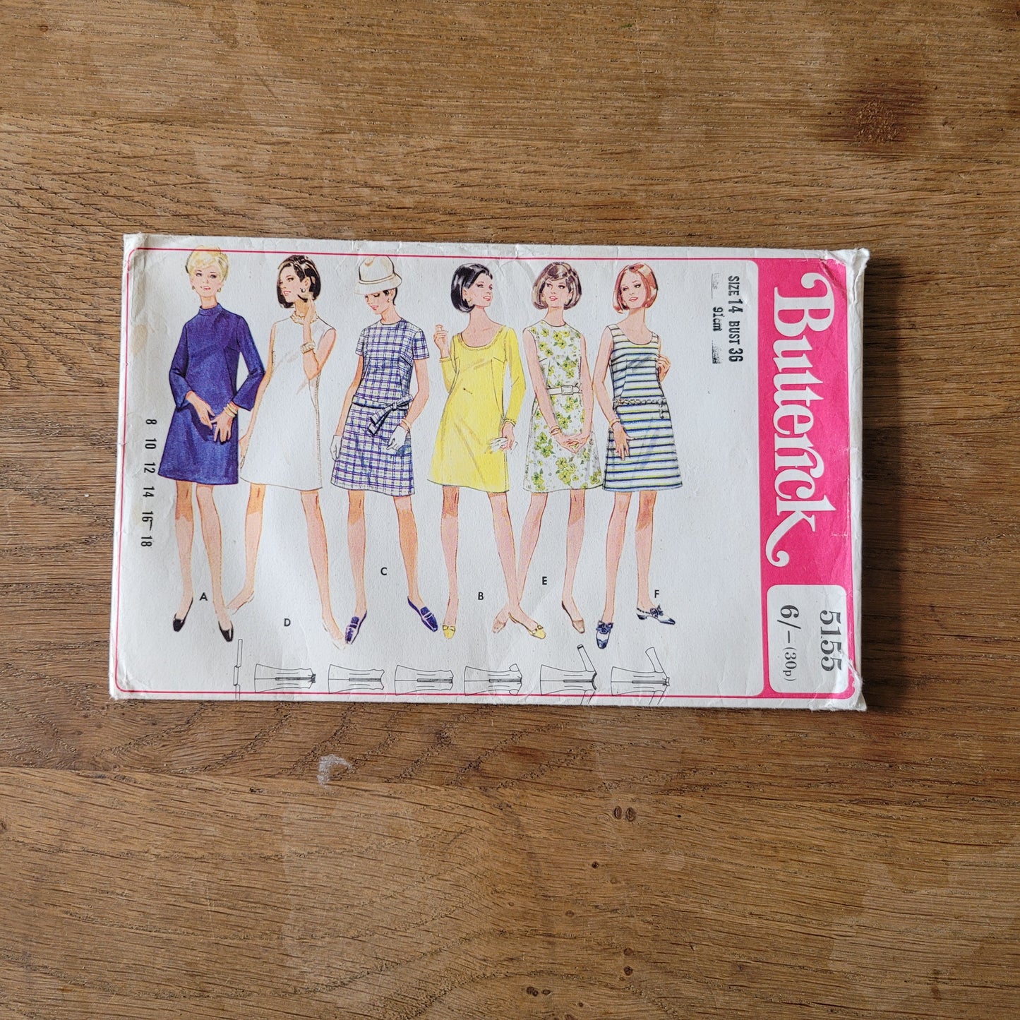 Part cut 1960s/70s Butterick 5155 sewing pattern for easy misses' one-piece dress, size 14 (complete) bust 36" / 91cm