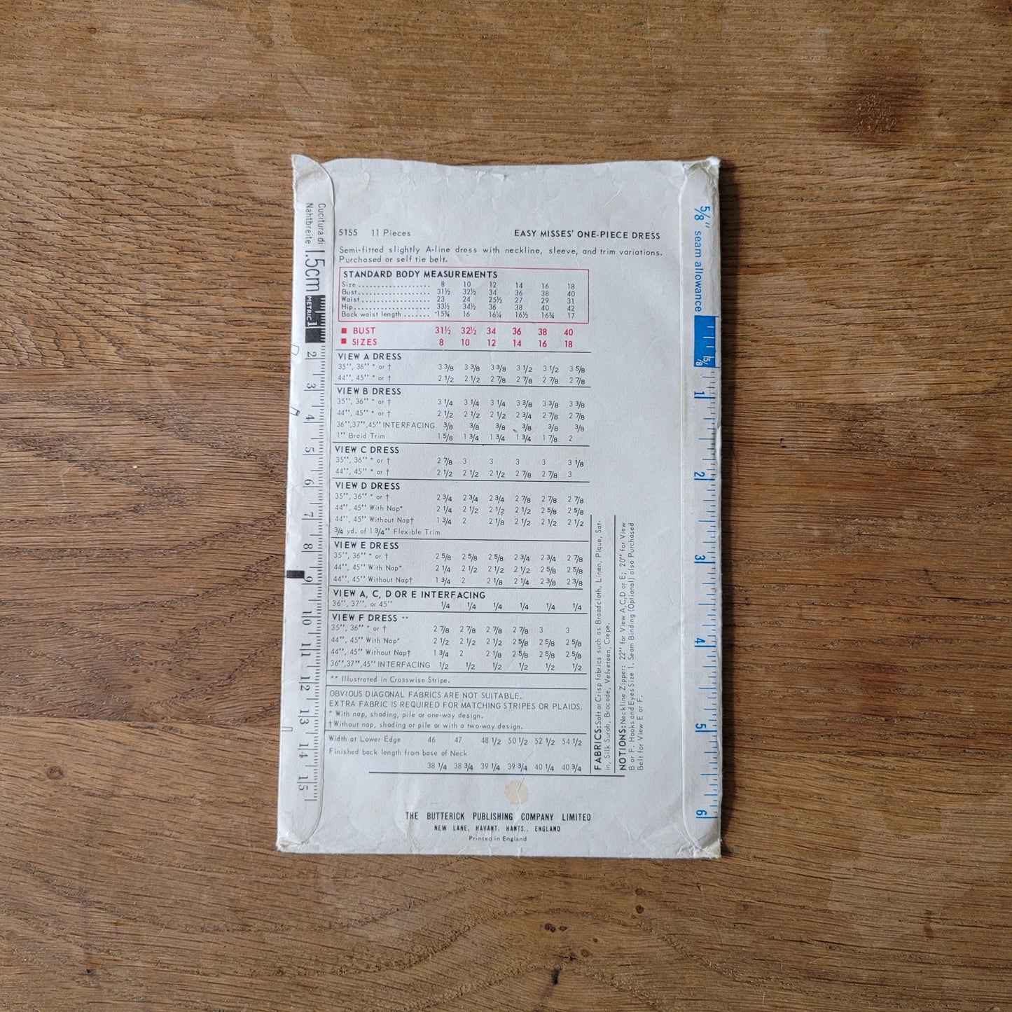 Part cut 1960s/70s Butterick 5155 sewing pattern for easy misses' one-piece dress, size 14 (complete) bust 36" / 91cm