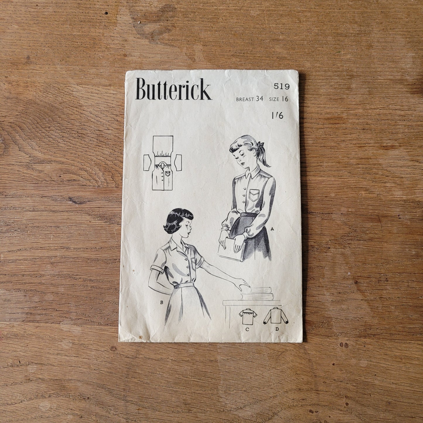 Used 1950s Butterick 519 sewing pattern for girls' shirtwaist blouse with choice of backs, size 16 (complete, but missing instructions)