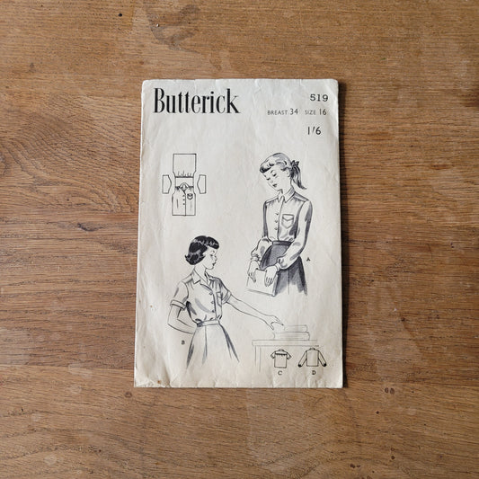 Used 1950s Butterick 519 sewing pattern for girls' shirtwaist blouse with choice of backs, size 16 (complete, but missing instructions)