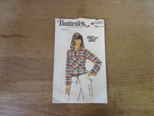 Part cut 1978 Butterick 5267 sewing pattern for misses' hooded top, size 12-14 (complete)