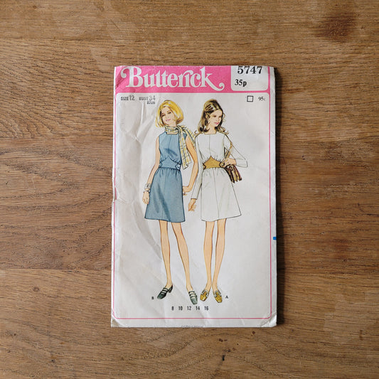 Uncut 1969 Butterick 5747 sewing pattern for misses' one-piece dress, size 12 (complete)