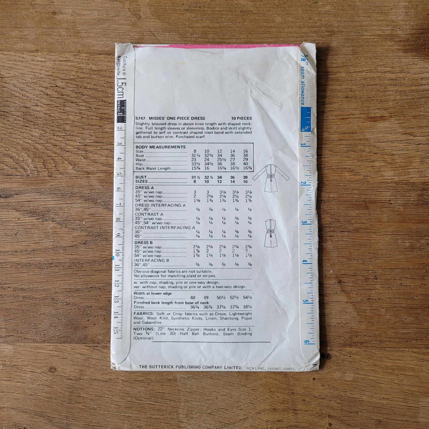 Uncut 1969 Butterick 5747 sewing pattern for misses' one-piece dress, size 12 (complete)