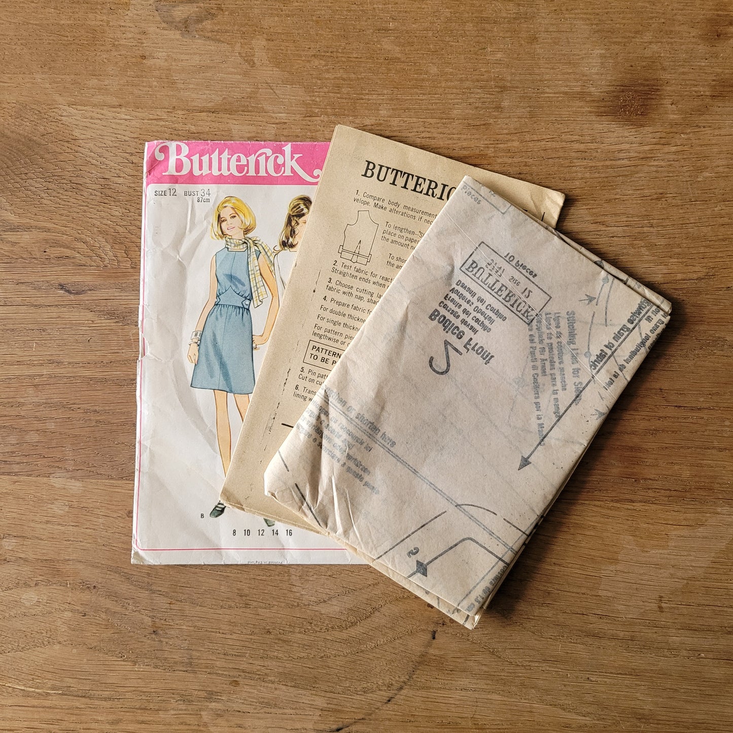 Uncut 1969 Butterick 5747 sewing pattern for misses' one-piece dress, size 12 (complete)