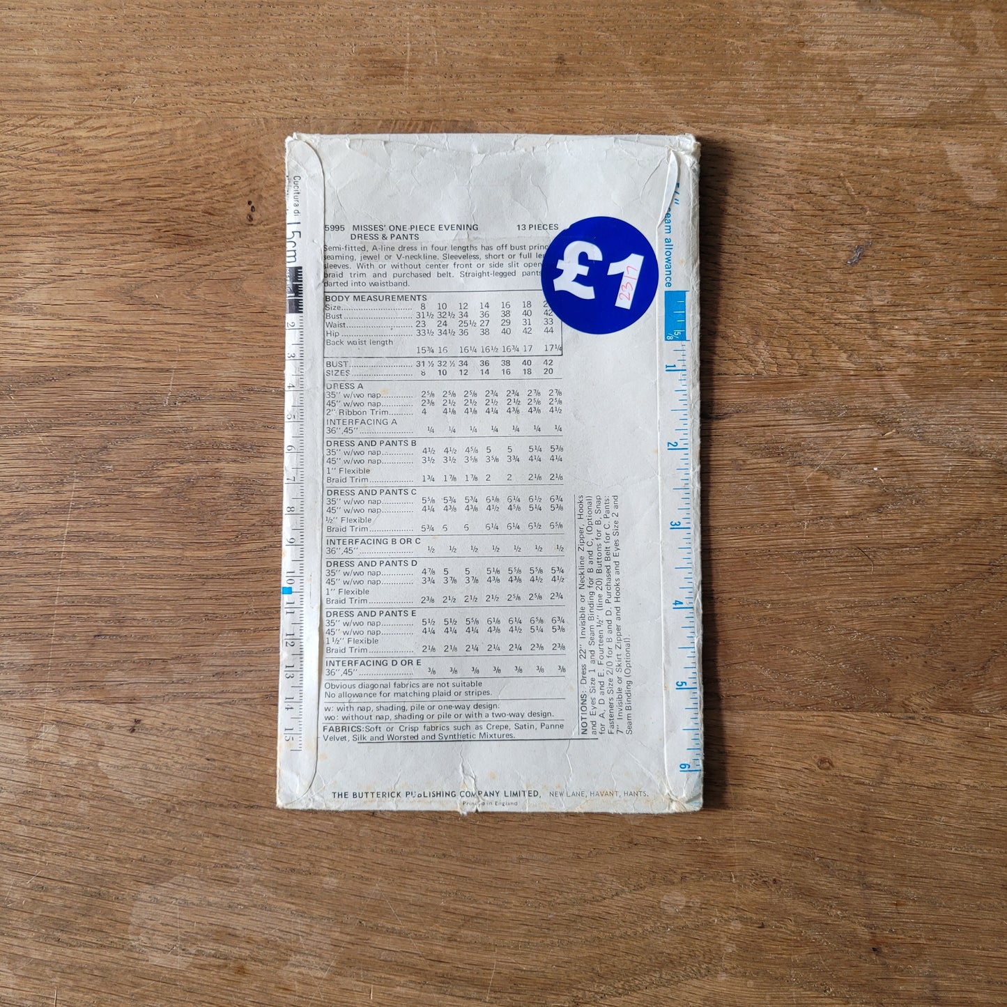 Part cut 1970 Butterick 5995 sewing pattern for misses' one-piece evening dress & pants, size 12 (complete)