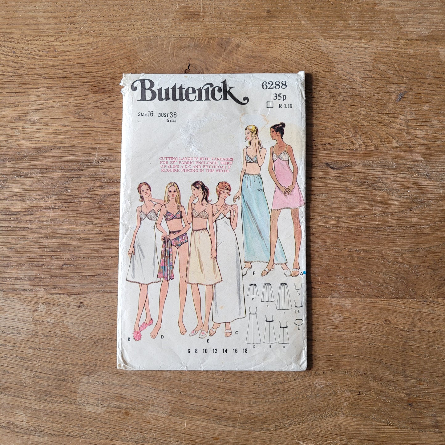 Part cut 1976 Butterick 6288 sewing pattern for misses' full slip petticoat, bra & briefs, size 16 (complete)