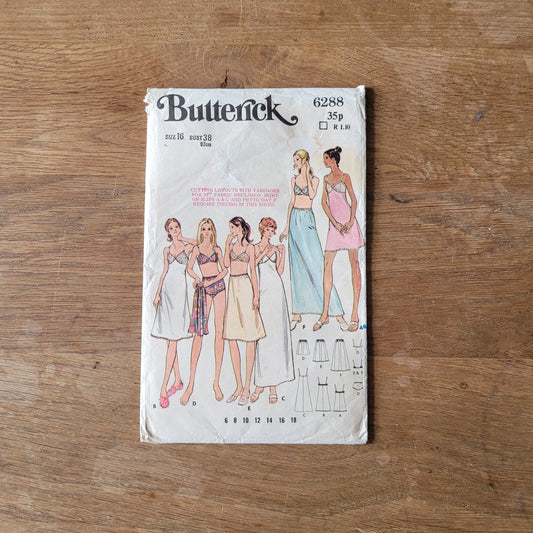 Part cut 1976 Butterick 6288 sewing pattern for misses' full slip petticoat, bra & briefs, size 16 (complete)