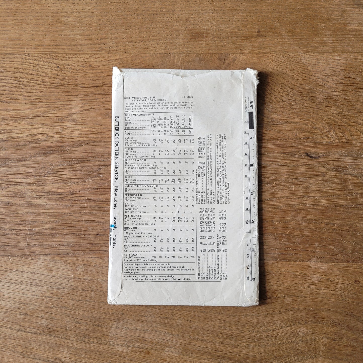 Part cut 1976 Butterick 6288 sewing pattern for misses' full slip petticoat, bra & briefs, size 16 (complete)