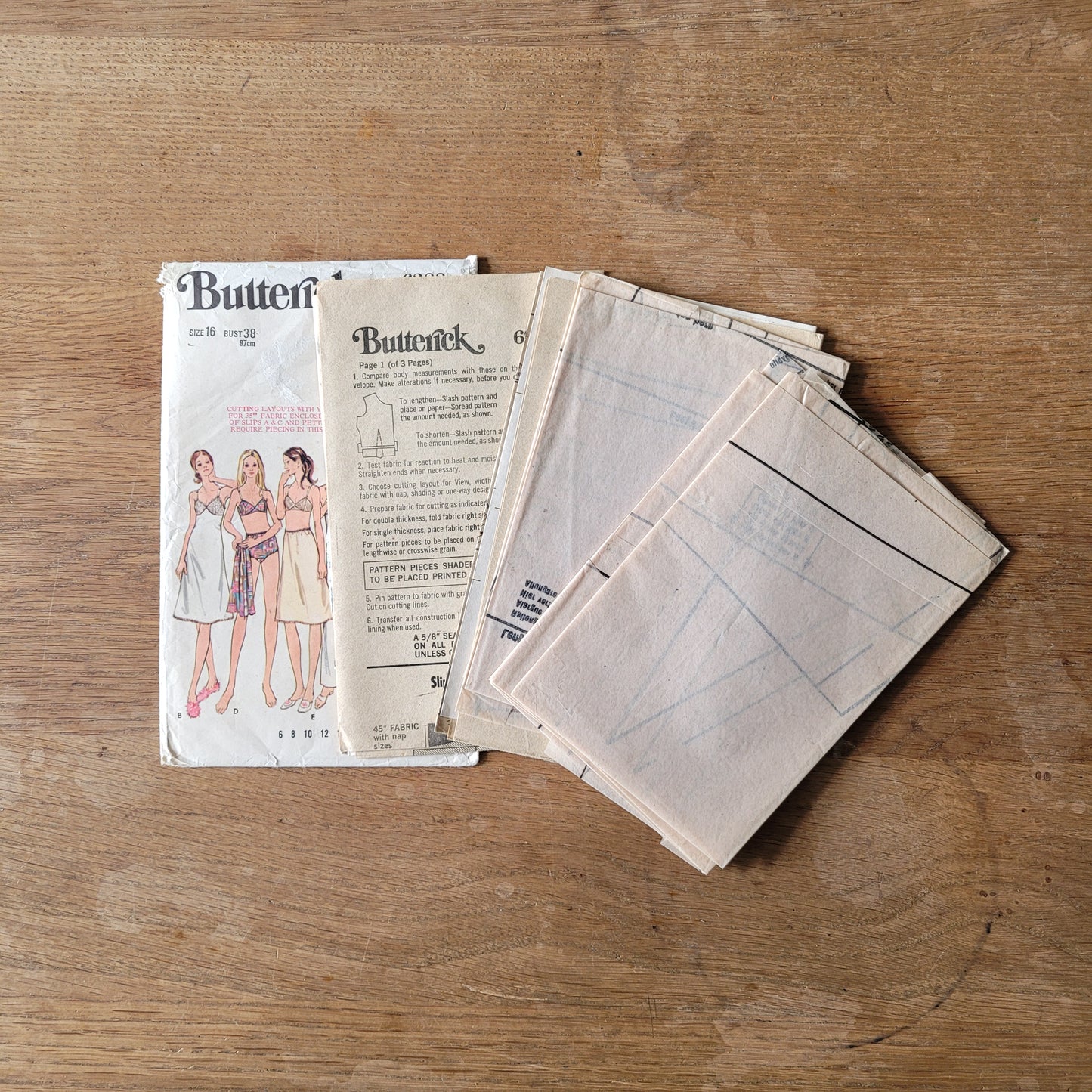 Part cut 1976 Butterick 6288 sewing pattern for misses' full slip petticoat, bra & briefs, size 16 (complete)