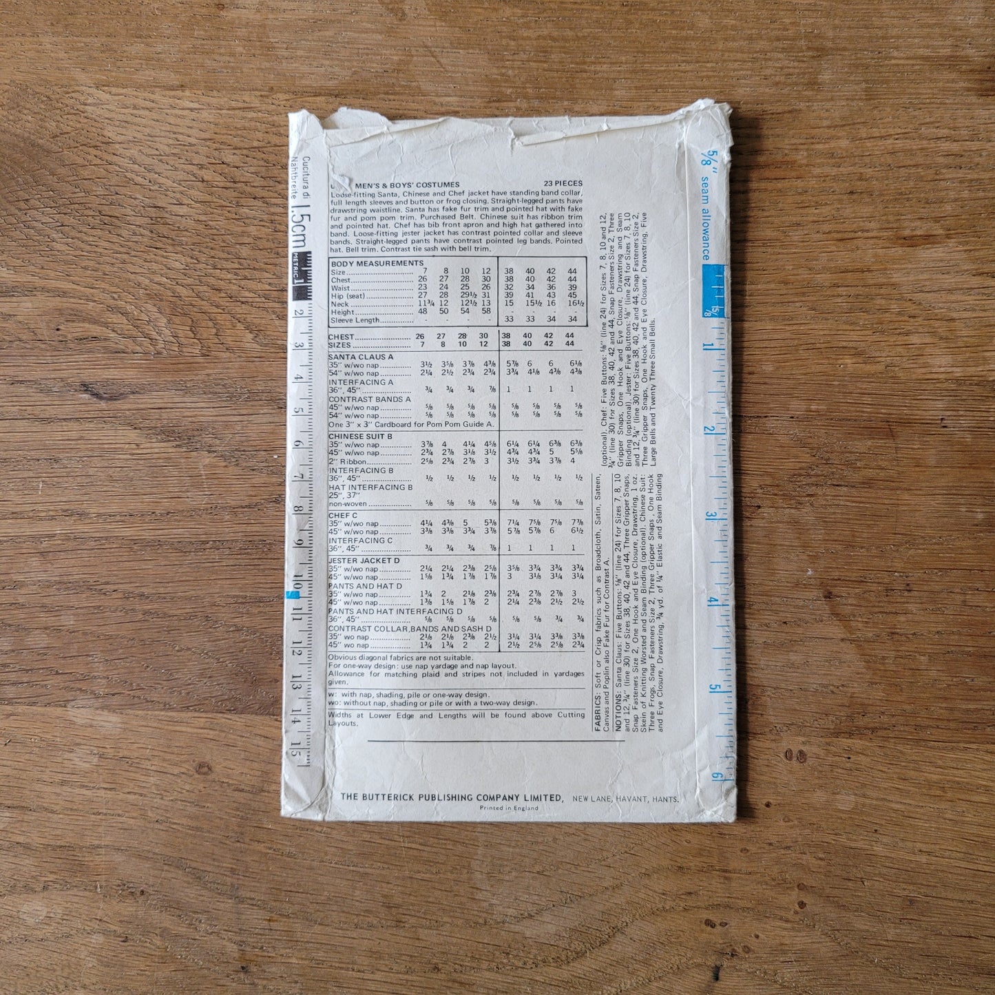 Part cut 1971 Butterick 6399 sewing pattern for men's & boys fancy dress costumes, size 10 (complete)