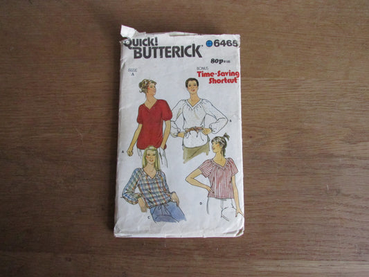 Part cut vintage Butterick 6465 sewing pattern for misses' top, size 6-14 (complete)