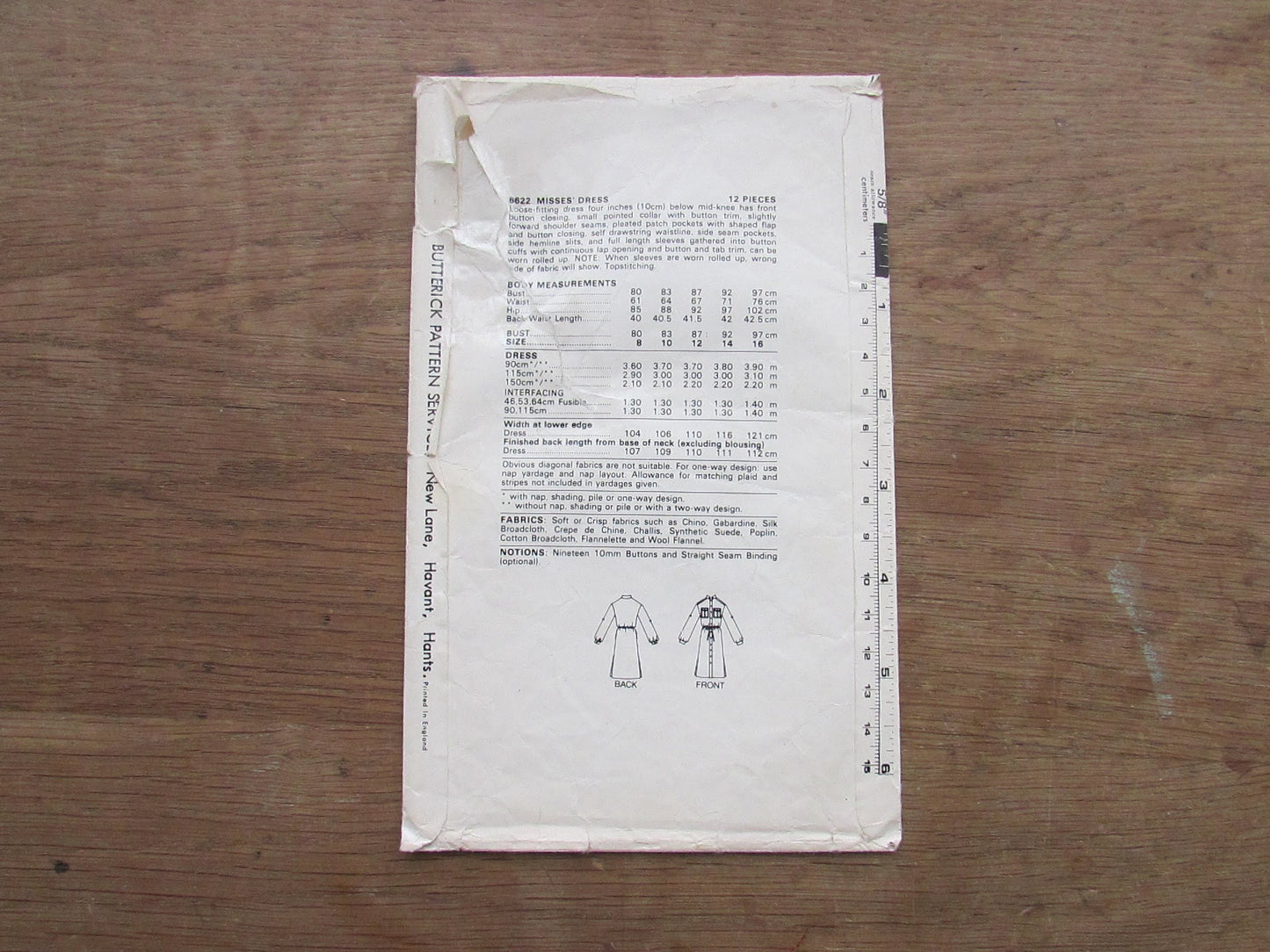 Part cut 1979 Butterick 6622 sewing pattern for misses' loose-fitting dress, size 14 (see description below)